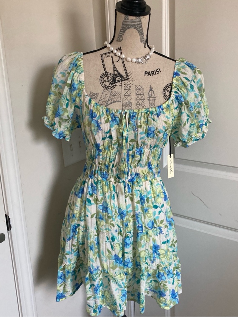 Liberty Love Blue and Green Floral Mini Short Sleeves Dress with Smocking Top